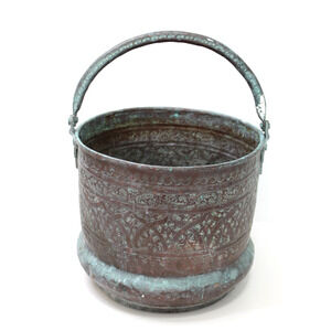 Vintage Hand Tooled Hammered Copper Metal Bucket Planter Verdigris Boho 10”